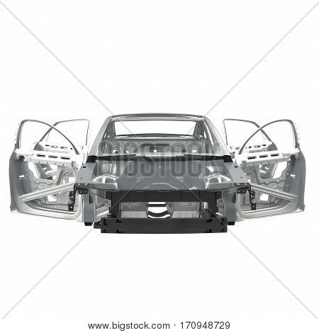 Front view Carcass af a sedan car on white background. 3D illustration