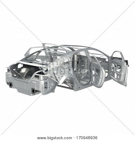 Skeleton of a car with opened doors on white background. 3D illustration