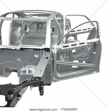 Sedan without cover with opened doors on white background. 3D illustration