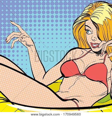 Sexy young lying blonde in a swimming suit. Beautiful young woman. Woman having pleasure. Woman in a dream. Woman in hope. Having pleasure. Concept idea of advertisement. Pop art. Halftone background.