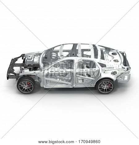 Angle from up Car Frame with Chassis on white background. 3D illustration