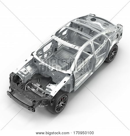 Angle from up Car Frame with Chassis on white background. 3D illustration