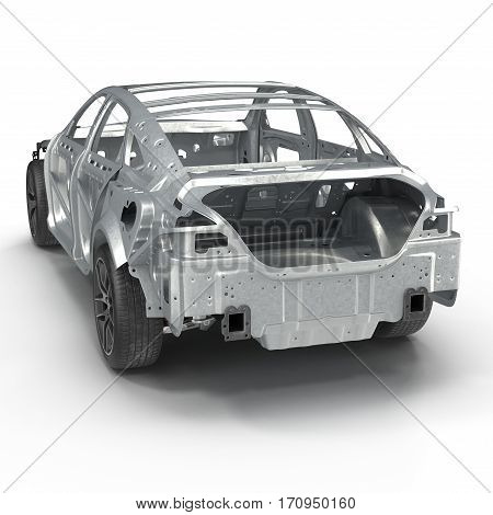 Sedan without cover on white background. Rear view. 3D illustration