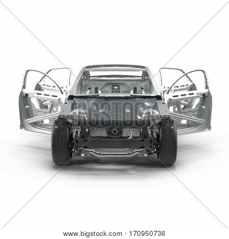 Skeleton of a car on white background. Front view. 3D illustration