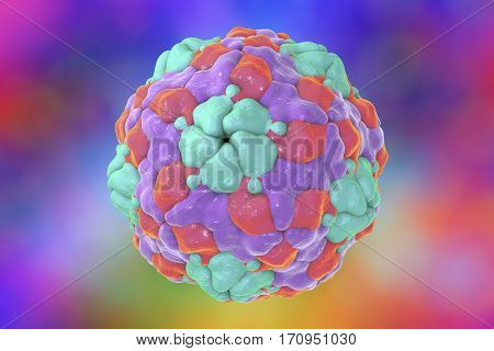 Human Parechovirus on colorful background, 3D illustration. Parechoviruses cause respiratory, gastrointestinal infections, are associated with brain damage and developmental disorders in neonates