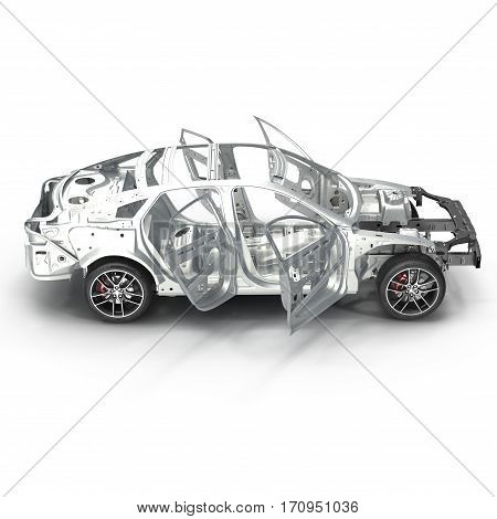 Skeleton of a car with Chassis on white background. Side view. 3D illustration