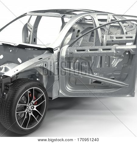 Skeleton of a car with Chassis on white background. 3D illustration