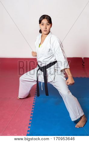 Children During Training In Karate. Fighting Position