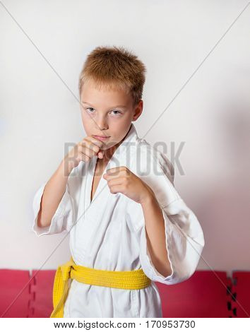 Children During Training In Karate. Fighting Position