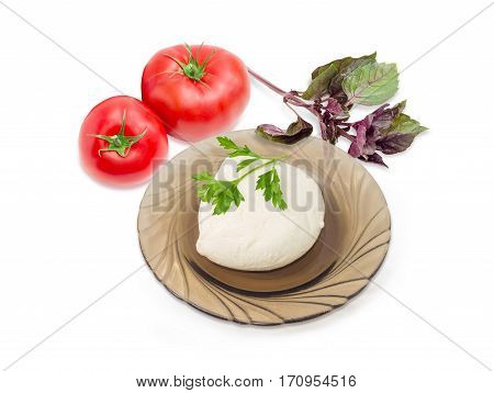 Ball of the fresh soaked mozzarella cheese on the dark glass saucer tomatoes and twigs of parsley and purple basil on a light background