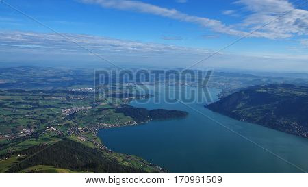 Landscape in Switzerland. Lake Zugersee view from mount Rigi.