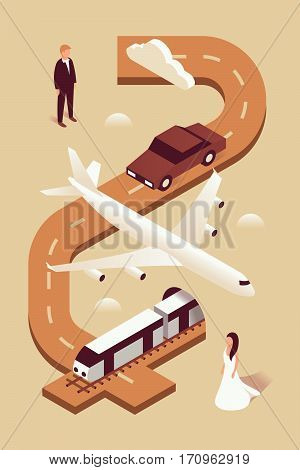 Wedding, vector isometric illustration, 3d icon set, brown background, invitation: man, car plane train woman road cloud travel
