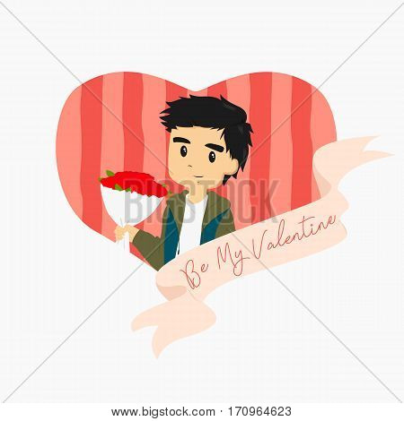 Be My Valentine. Guy holding red rose bouquet with heart shape background