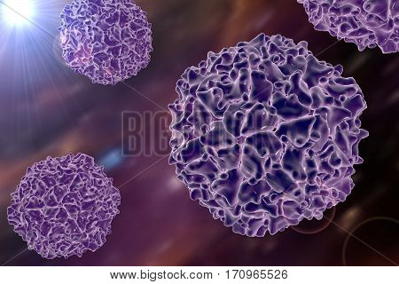 Poliovirus on colorful background. A virus transmitted by drinking water and causing polio. 3D illustration