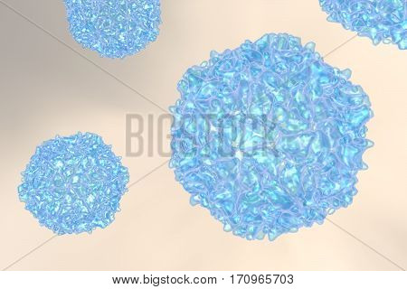 Poliovirus on colorful background. A virus transmitted by drinking water and causing polio. 3D illustration