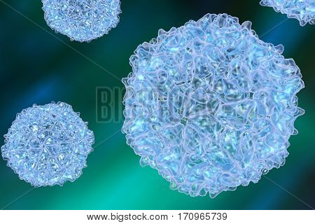 Poliovirus on colorful background. A virus transmitted by drinking water and causing polio. 3D illustration