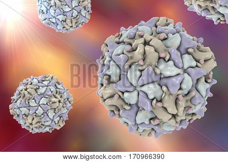 Poliovirus on colorful background. A virus transmitted by drinking water and causing polio. 3D illustration