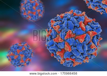 Poliovirus on colorful background. A virus transmitted by drinking water and causing polio. 3D illustration
