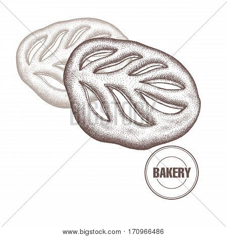 French Fougasse. Hand drawing a bread product. Vector illustration of food. Kitchen design for the confectionery and bakery cafe restaurant menu. Vintage.