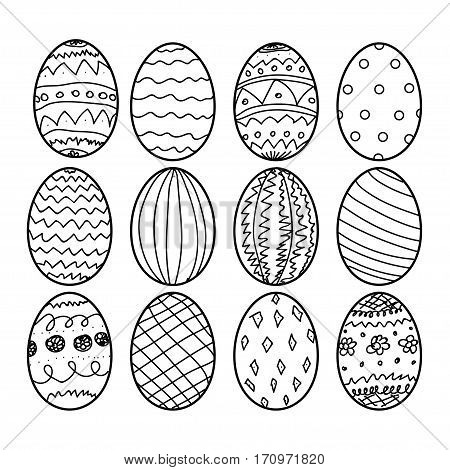 Easter eggs Hand drawn decorative elements in vector for coloring book. Black and white