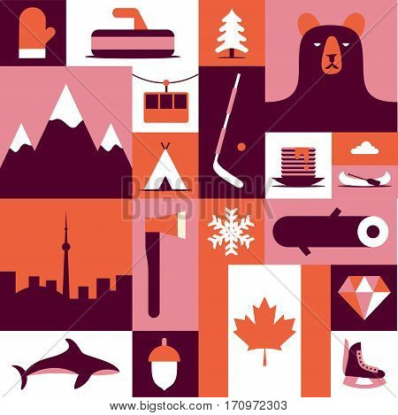 Canada, vector flat illustration, icon set, background. Mittens, landscape, ax, mountain, camping, fish winter wood forest bear tree hockey diamond flag skates food