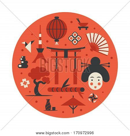 Japan, vector flat illustration, icon set, landmark background. Bonsai, flower, stone, fun, woman face, lantern food flag sakura weapon gate sushi bamboo tree