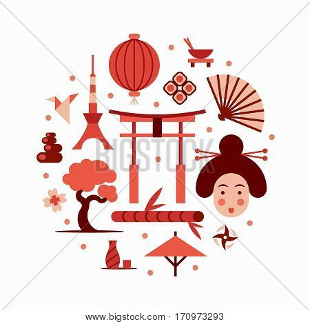 Japan, vector flat illustration, icon set, landmark background. Bonsai, flower, stone, fun, woman face, lantern food flag sakura weapon gate sushi bamboo tree