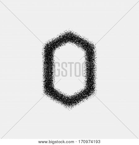 Black abstract geometric badge, polygon, hex shape with film grain, noise, dotwork, grunge texture and black background for logo, design concepts, posters, banners, web and prints. Vector illustration