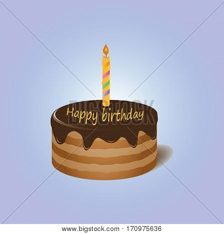 Chocolate cake with candle Happy birthday on violet background