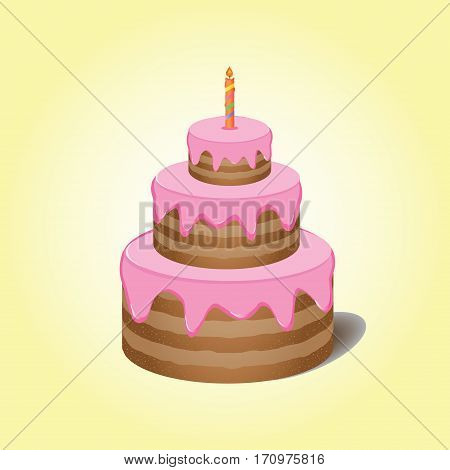 Cake with pink cream with candle on yellow background.