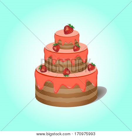 Three floors cake with cream and strawberry on blue background.