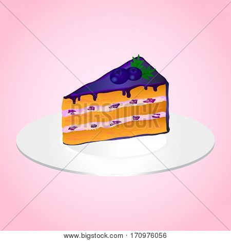Piece of bilberry cake on the plate on pink background.