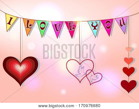 Valentine's day card with hearts pigeons and phrase I love you on pink background.