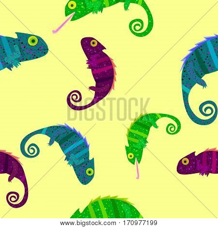 Seamless pattern with colorful chameleons on yellow background.