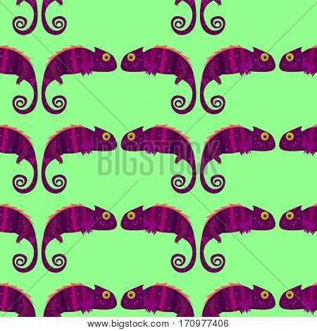 Seamless pattern with funny chameleons on green background.