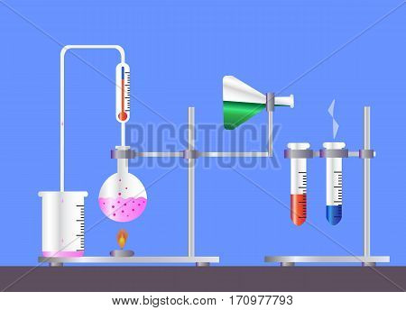 concept of chemistry experiment on blue background vector illustration . Chemistry laboratory workspace