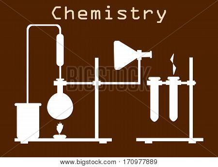 Flat design concept of chemistry experiment on brown background vector illustration. Chemistry laboratory workspace