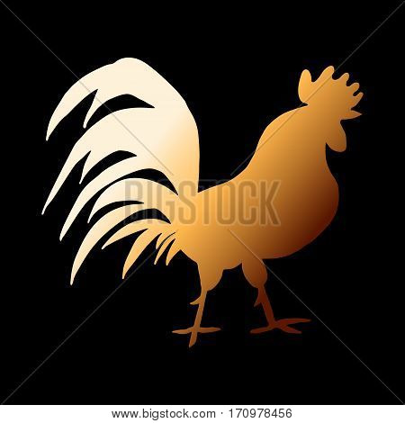 Golden rooster on black background. Silhouette of rooster.