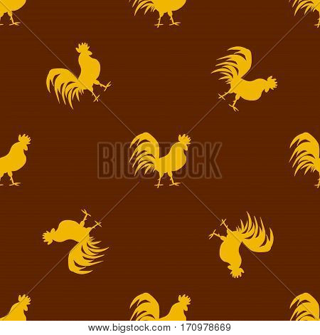 Seamless pattern with golden roosters on brown background.