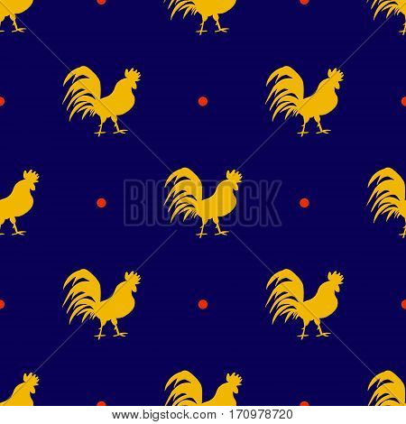 Seamless pattern with golden roosters with red spots on blue background.