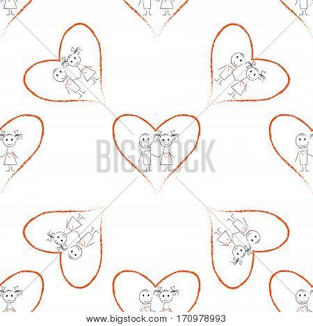 Seamless pattern with hand drawn couple in red heart. Valentine's day concept. Cute couple in love.