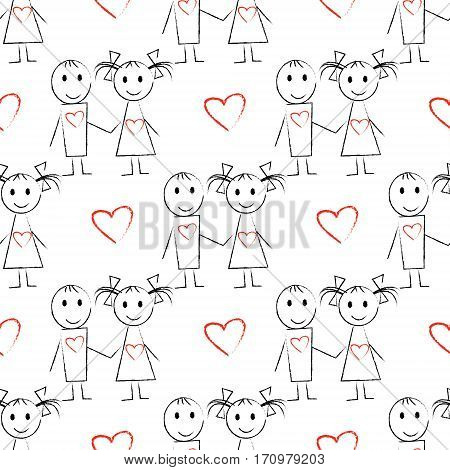 Seamless pattern with hand drawn couple with red hearts. Valentine's day concept. Cute couple in love.