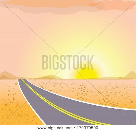The road in the desert at sunset. Vector landscape