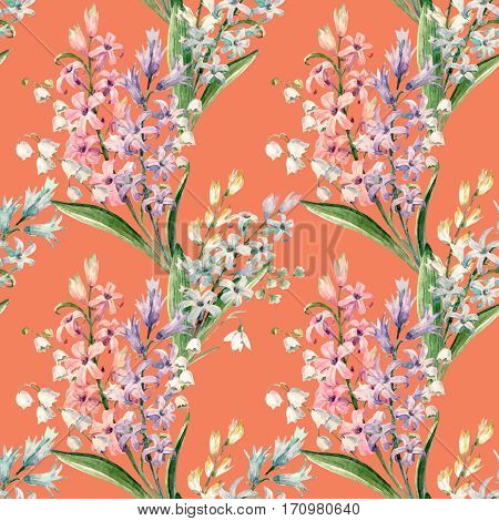 Watercolor vector spring floral pattern with lilies of the valley and hyacinths