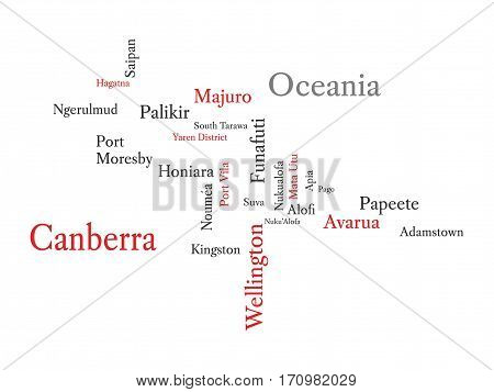 Conceptual Oceania map in black and red font isolated on white. Vector illustration.
