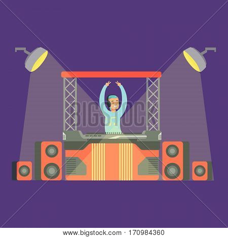 Disk Jockey Playing His Music Set On Stage, Part Of People At The Night Club Series Of Vector Illustrations. Cartoon Character On The Night Out In Dark Music Club Having Good Time.