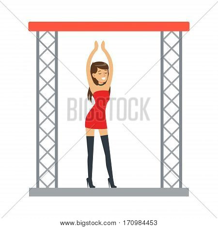 Go-go Dancer Entertainment Girl In Sexy Red Dress Dancing On Stage, Part Of People At The Night Club Series Of Vector Illustrations. Cartoon Character On The Night Out In Dark Music Club Having Good Time.