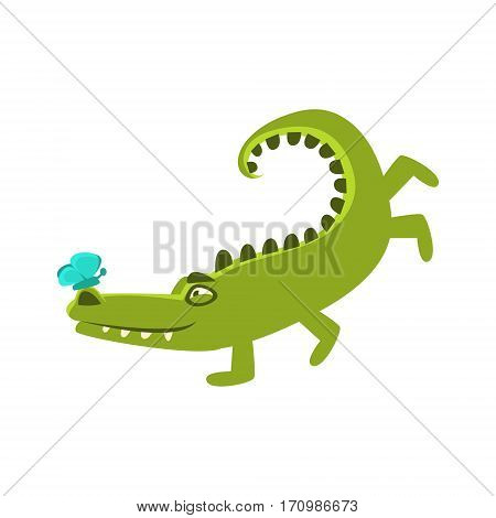 Crocodile Playing With Butterfly Sitting On Hos Nose, Cartoon Character And His Everyday Wild Animal Activity Illustration. Green Alligator Reptile Vector Drawing In Childish Cute
