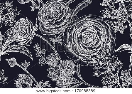 Spring flowers seamless floral pattern. Hand drawing garden plants buttercup lilac gillyflower white chalk on blackboard. Vector vintage illustration. For wrapping fabric fashion paper textile.
