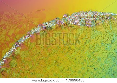 Colorful micro crystals through the microscope in polarized light